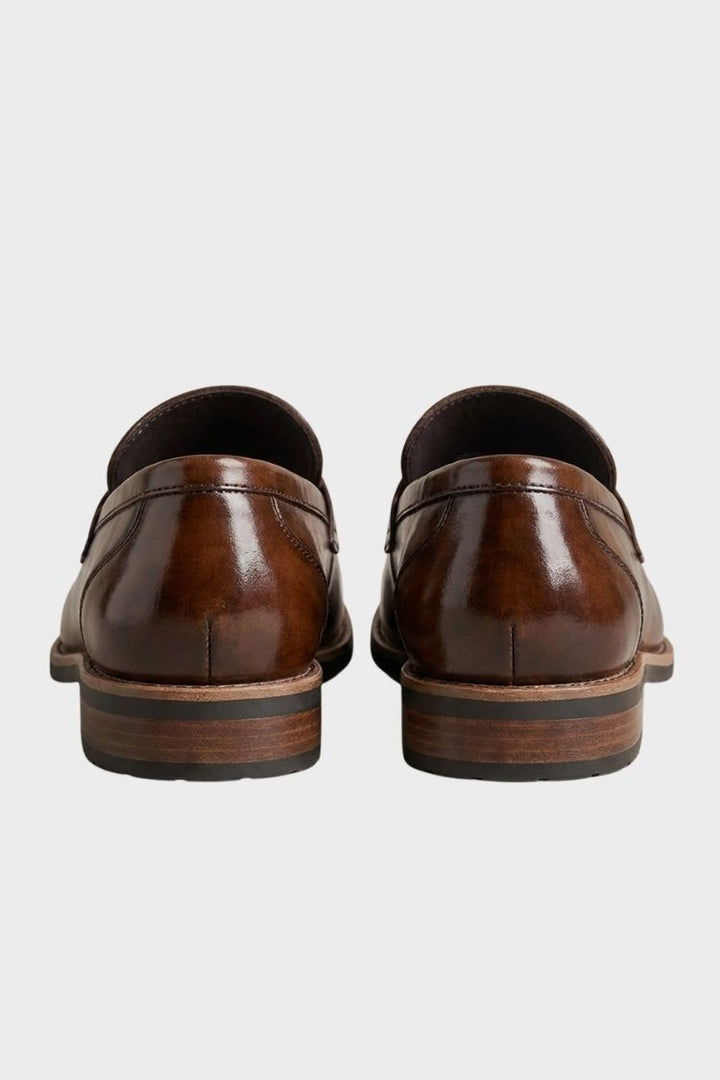 Men's burnished penny loafer with stacked block heel and stitched apron toe – 3