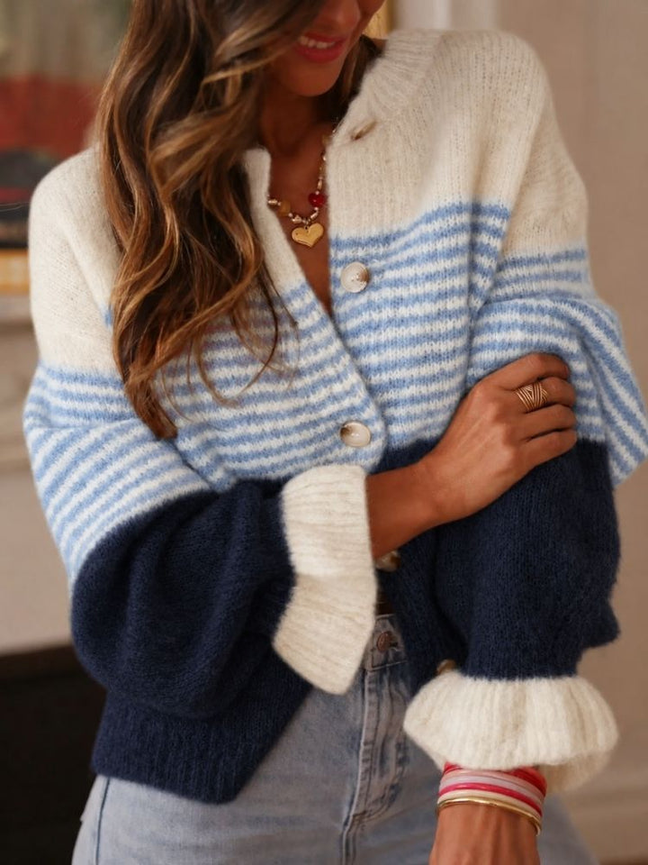 Women's Cropped Cardigan | Color Block Stripe Balloon Sleeves