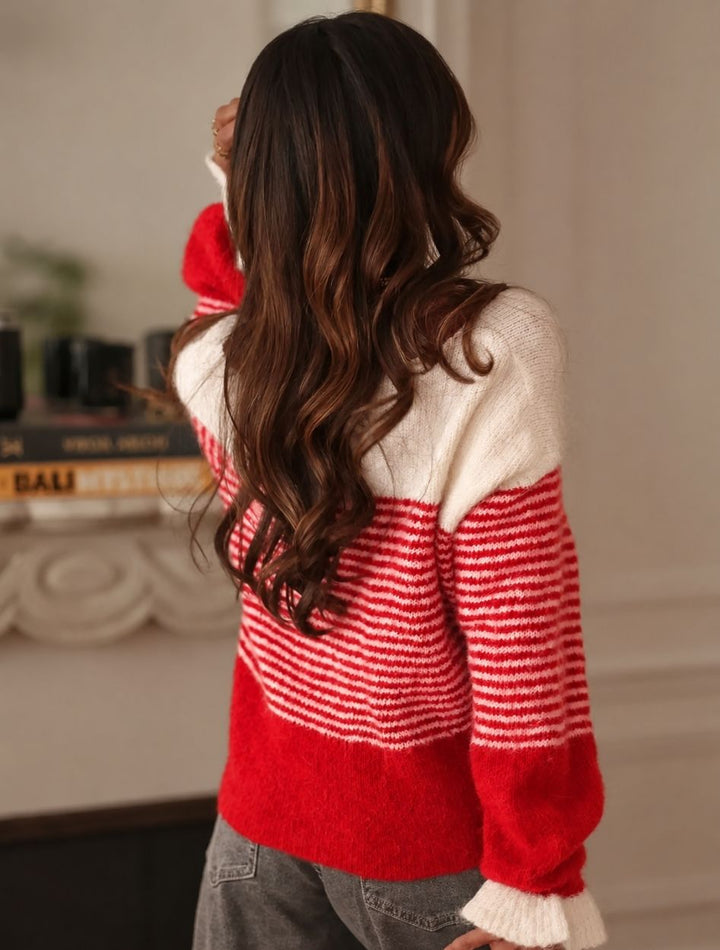 Women's Cropped Cardigan | Color Block Stripe Balloon Sleeves