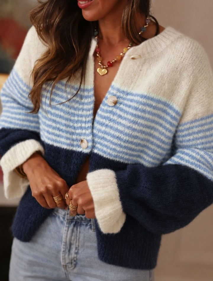Women's Cropped Cardigan | Color Block Stripe Balloon Sleeves