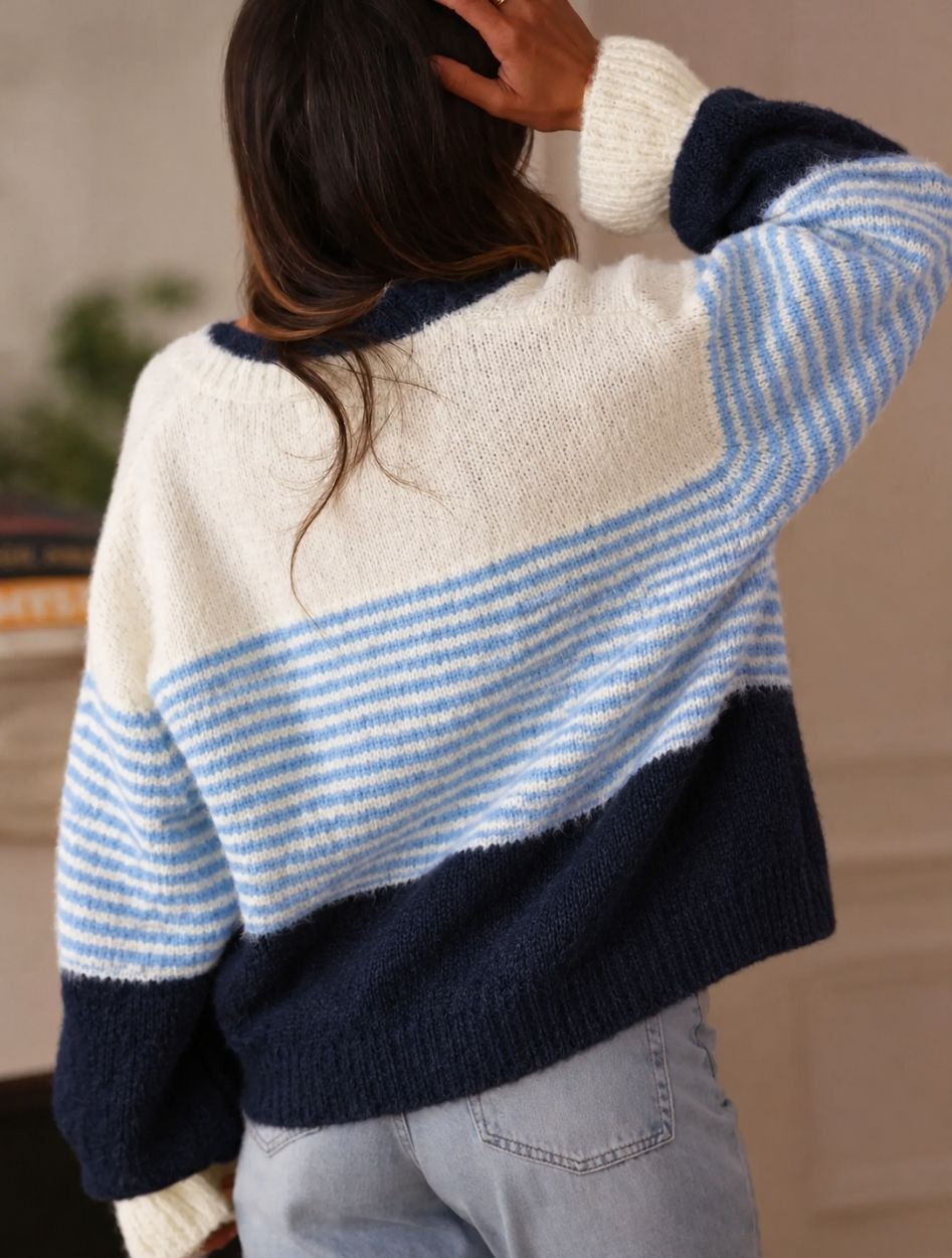 Women's Cropped Cardigan | Color Block Stripe Balloon Sleeves