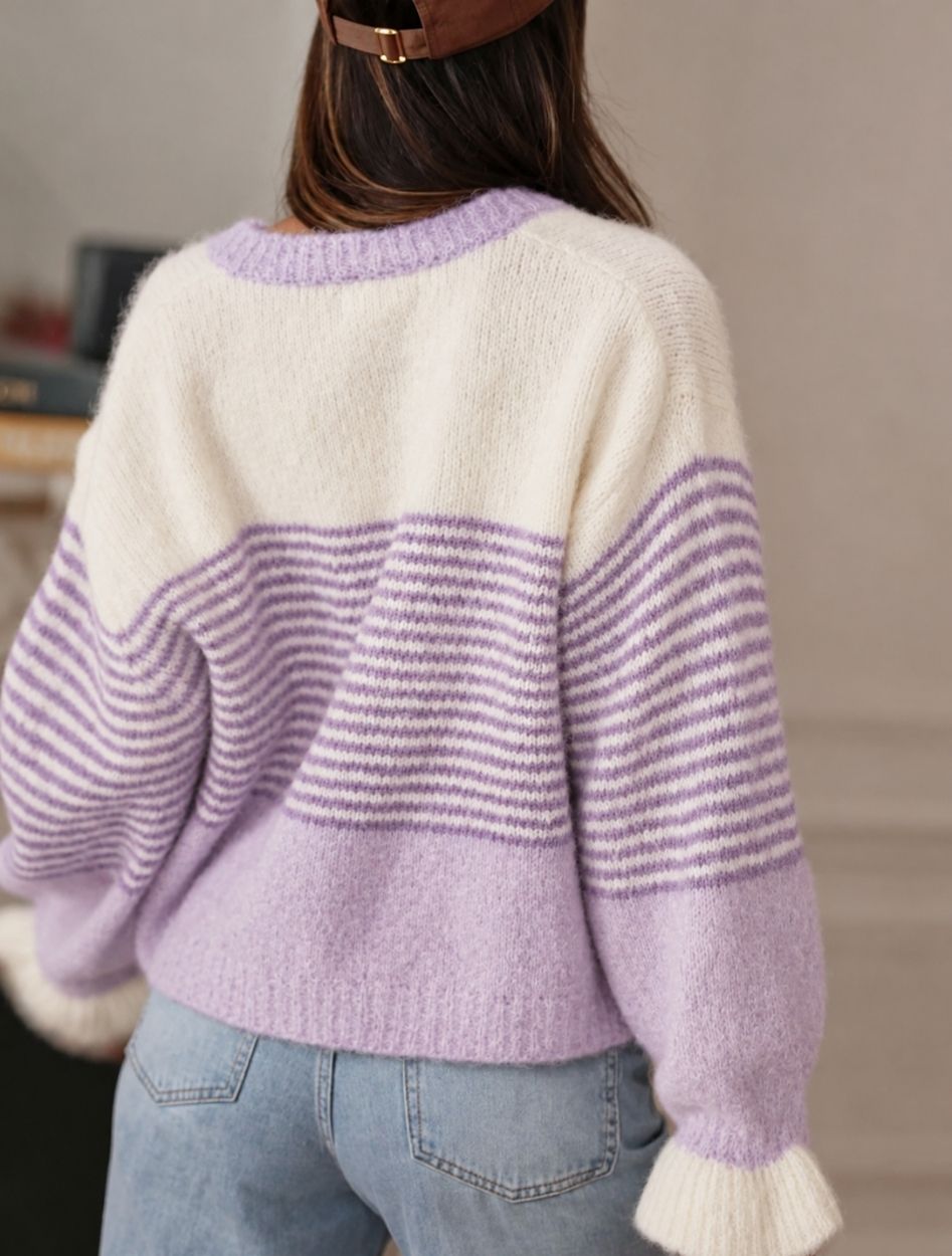 Women's Cropped Cardigan | Color Block Stripe Balloon Sleeves