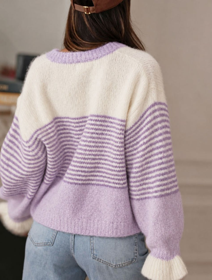 Women's Cropped Cardigan | Color Block Stripe Balloon Sleeves