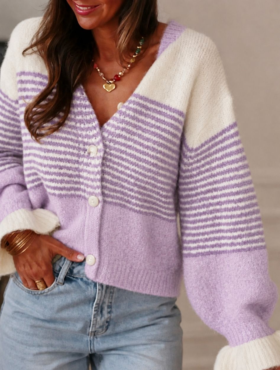 Women's Cropped Cardigan | Color Block Stripe Balloon Sleeves