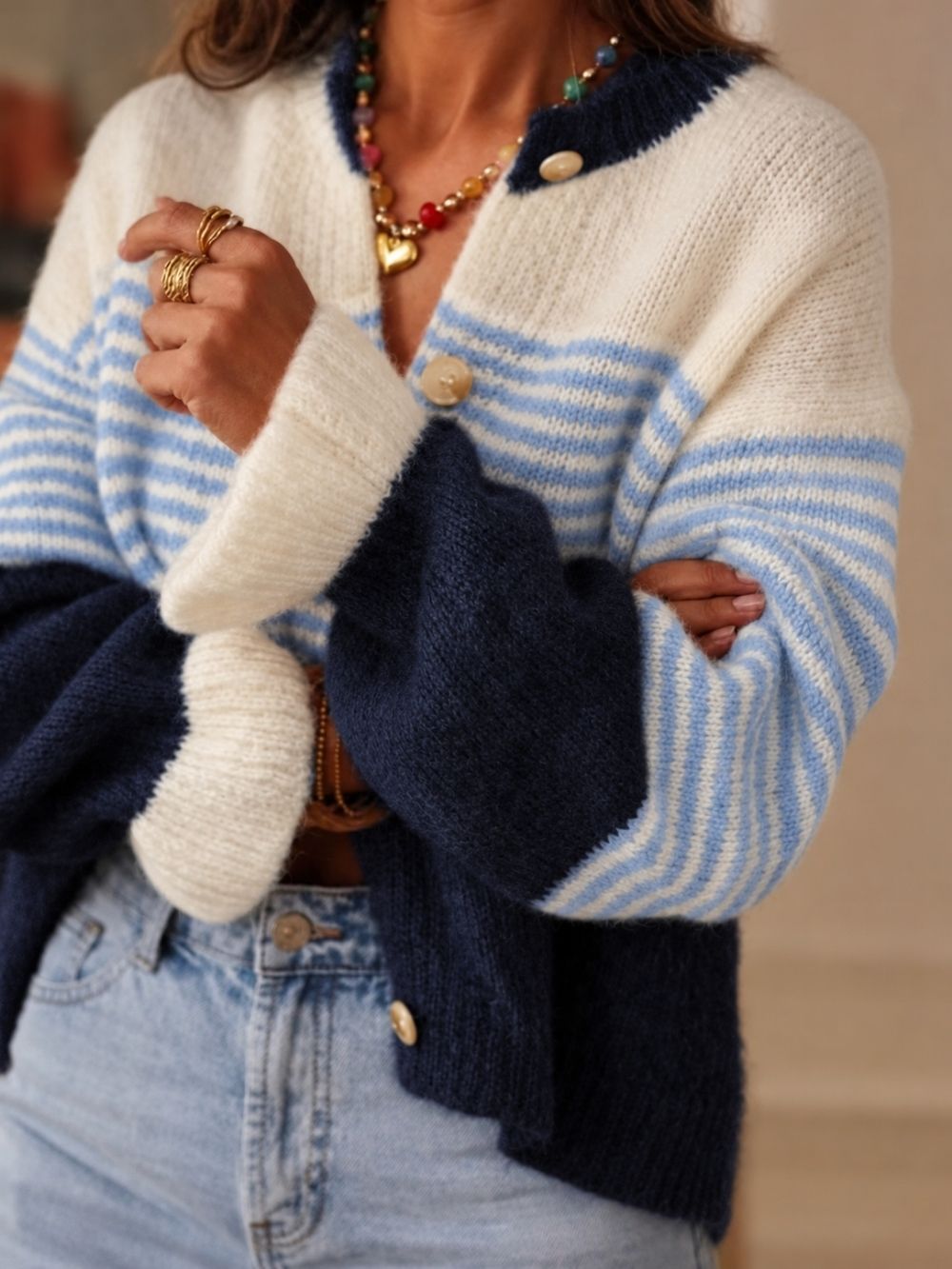 Women's Cropped Cardigan | Color Block Stripe Balloon Sleeves