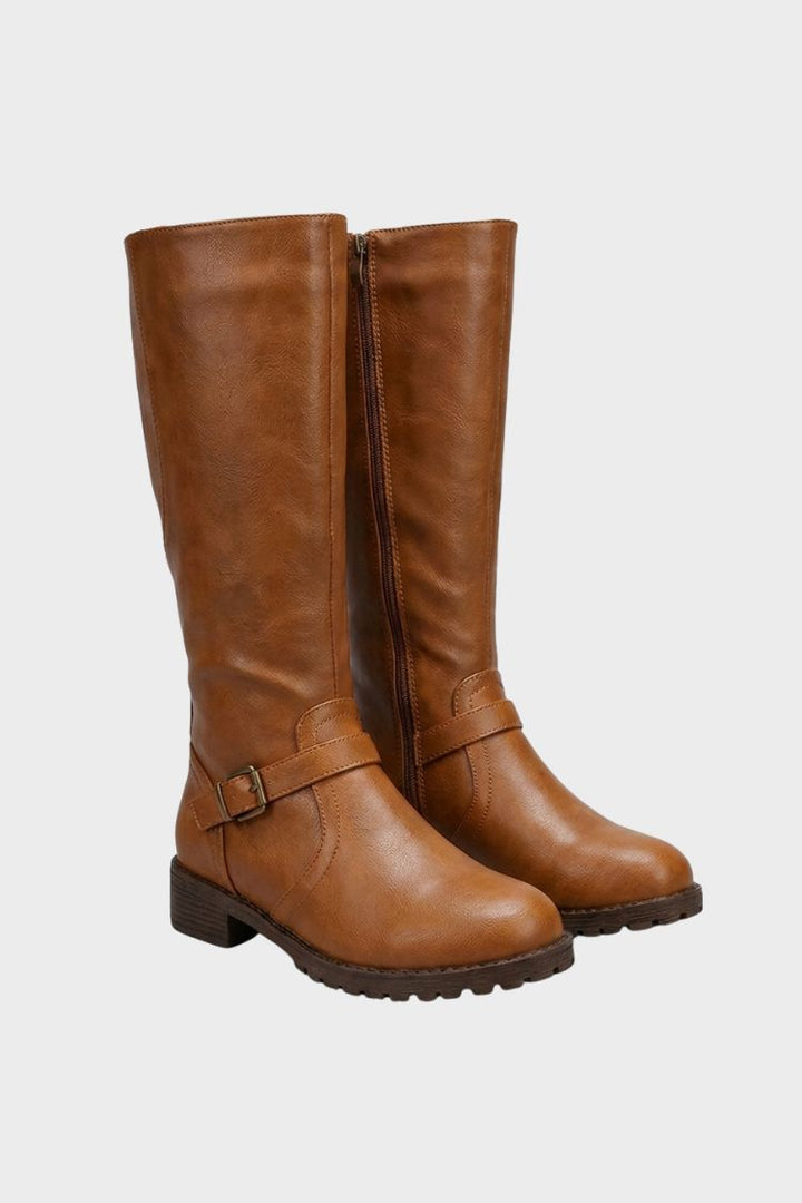 Women's knee-high boots with round toe, side zip, and block heel – 6