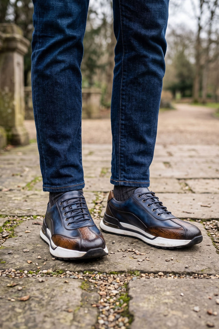 Men's Casual Sneaker | Croc Toe Sole — Blue — shoe_worn — on model