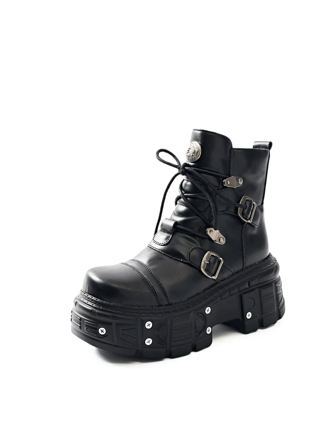 Single black lace up platform boot, front view with metal buckle details