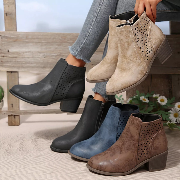 Women's ankle boots in black, taupe, brown and denim blue with cut outs