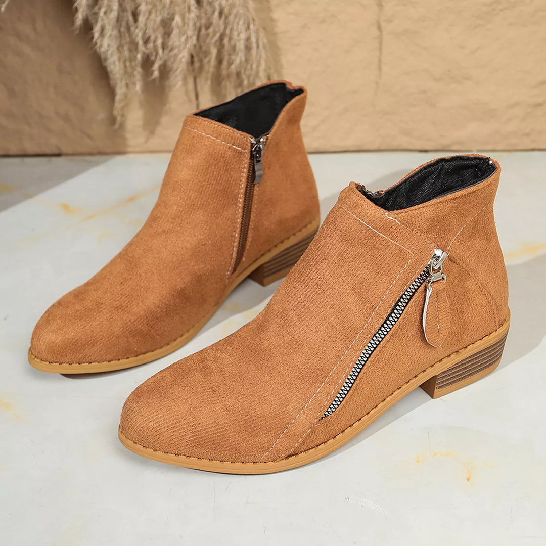Pair of tan ankle boots with stacked heel and zip closure