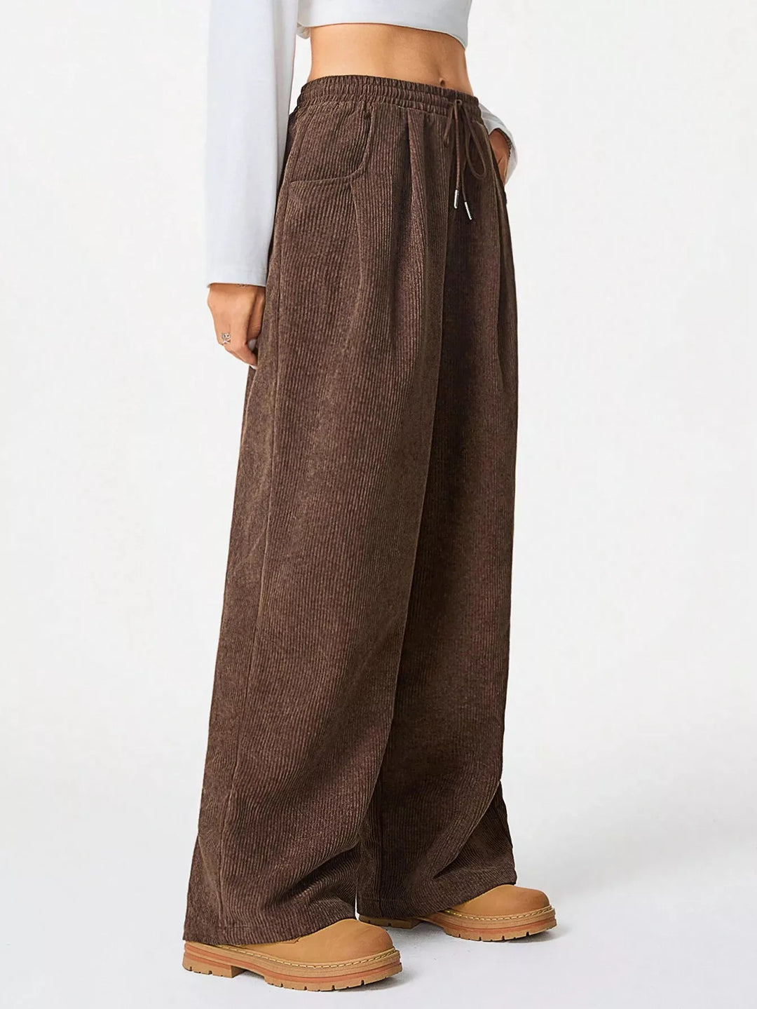 Women's baggy pants in brown corduroy look, wide leg with drawstring, front view