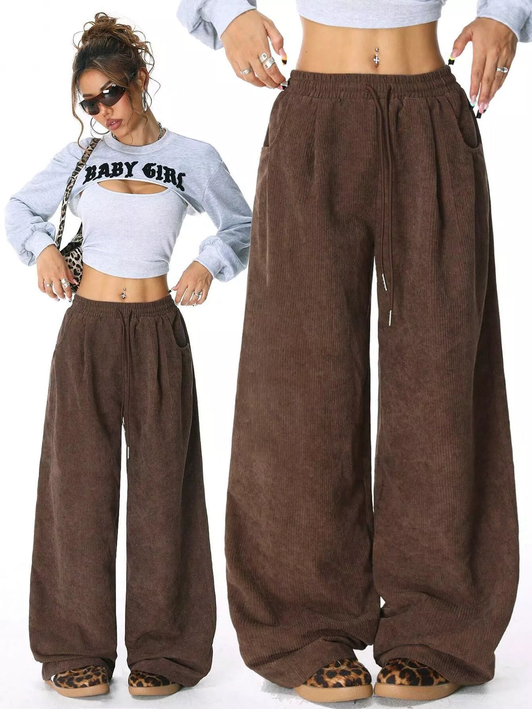Brown wide leg pants shown in two views, styled and front close-up