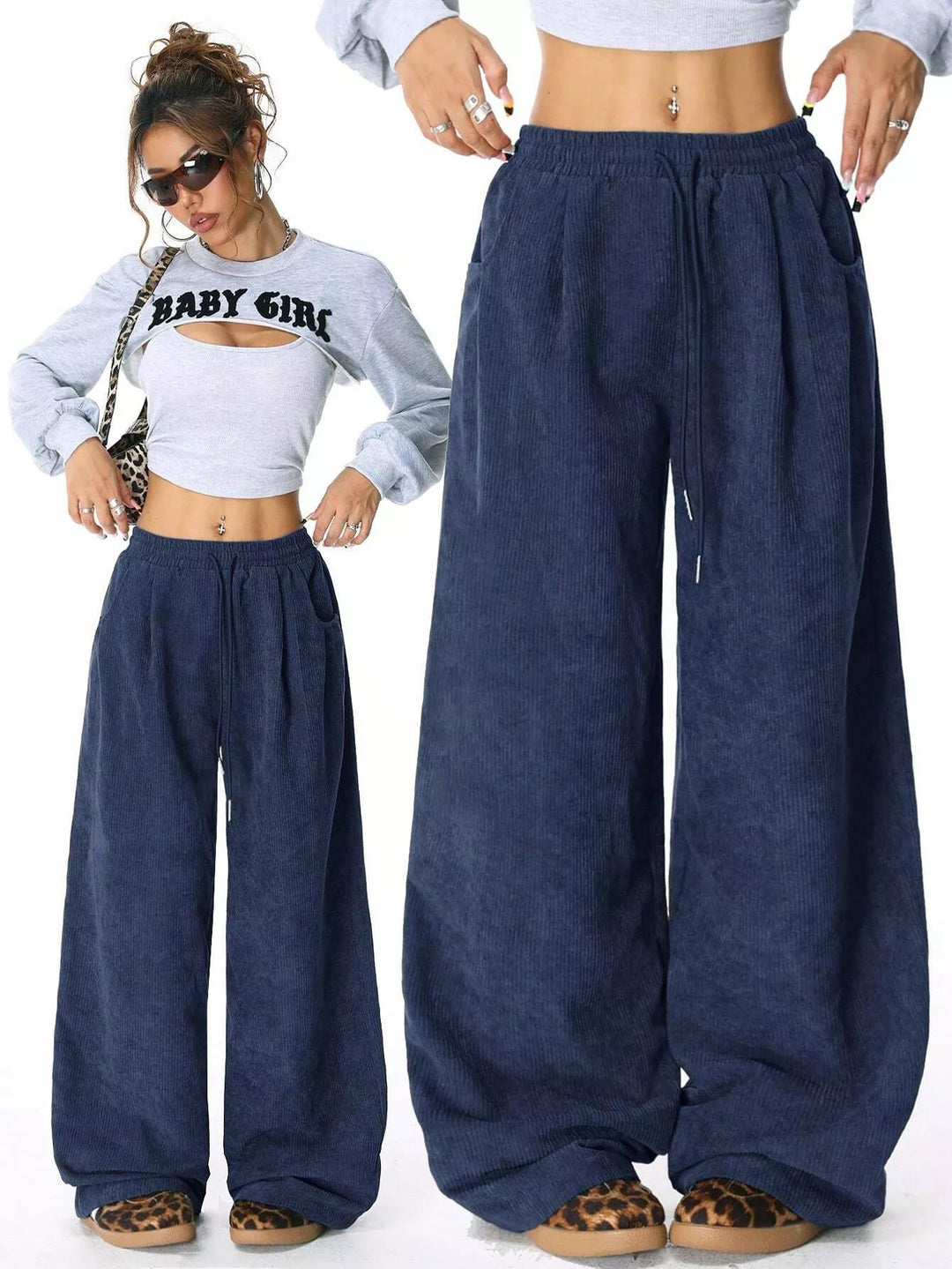Navy wide leg drawstring pants shown in two views side by side