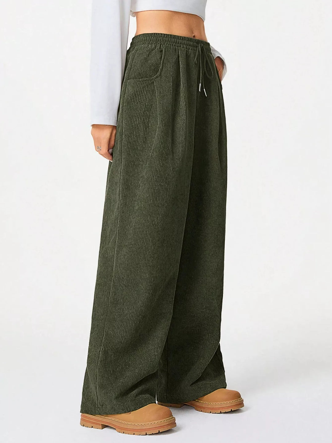 Front view of olive wide leg pants with relaxed legs