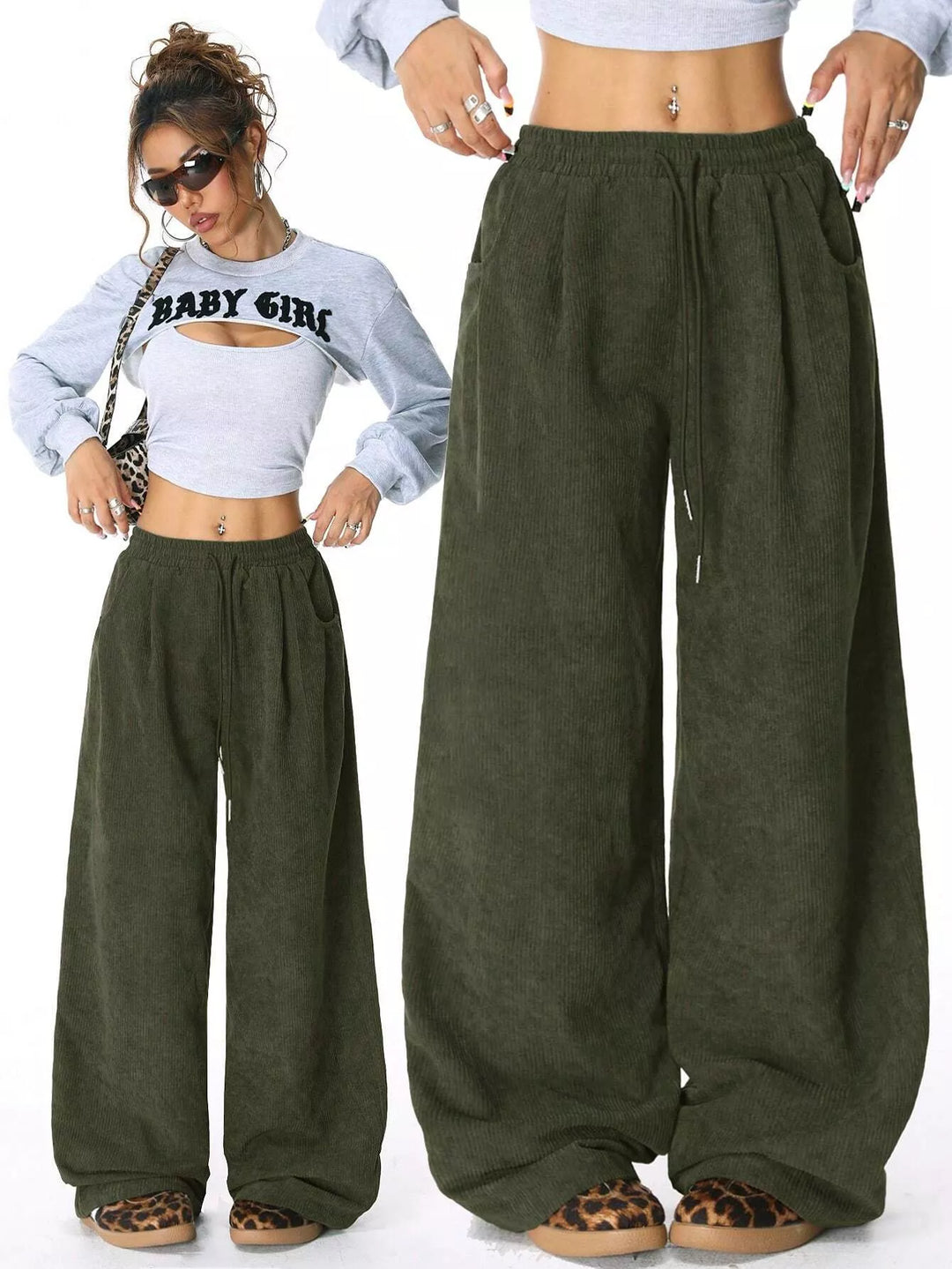 Olive wide leg drawstring pants shown in two views side by side
