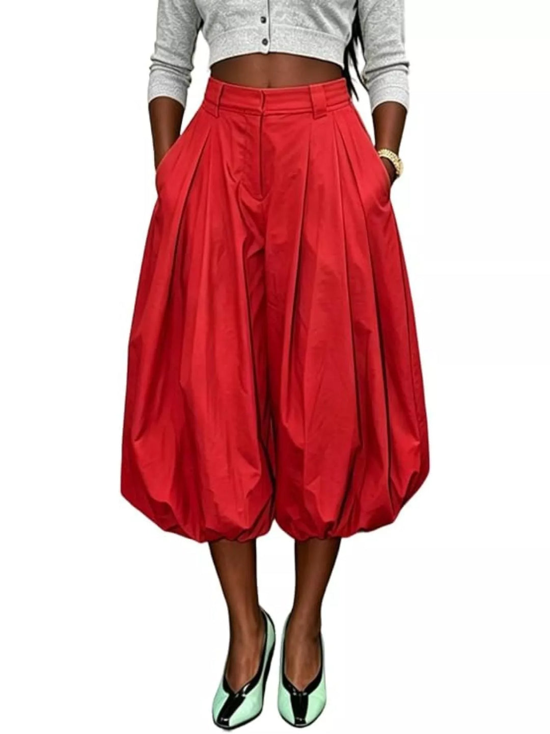 Red balloon pants with a high waist and rounded bubble hem