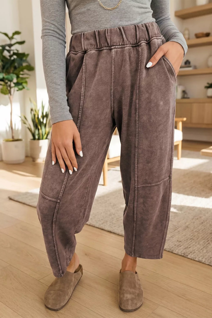 Women's barrel leg pants in mocha, washed cropped style with elastic waist, front view