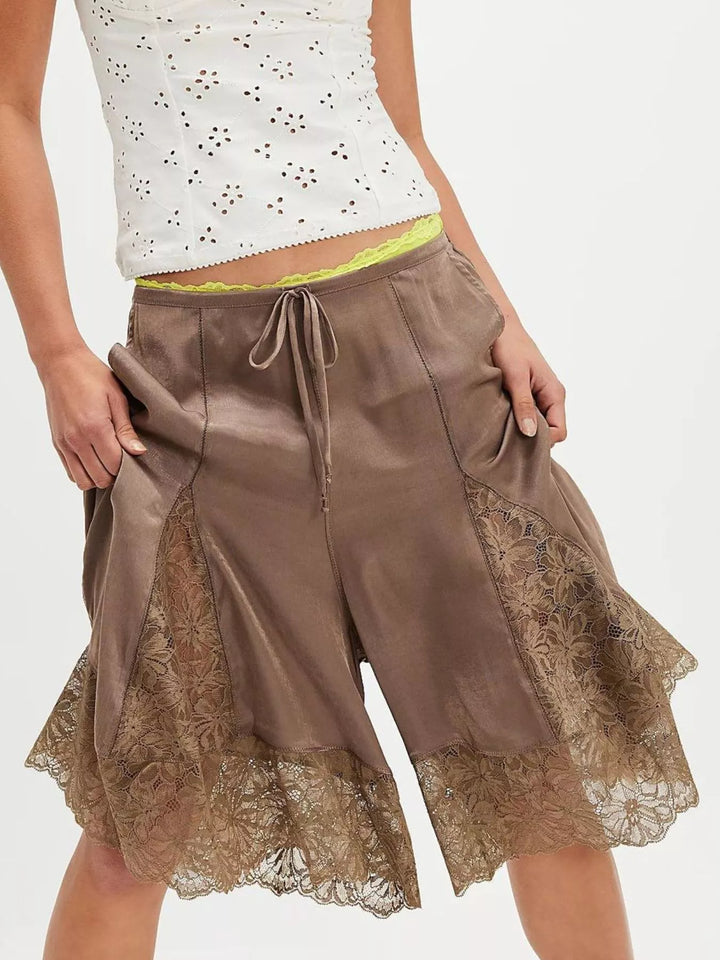 Brown satin-look Bermuda shorts with lace trim hem, front view