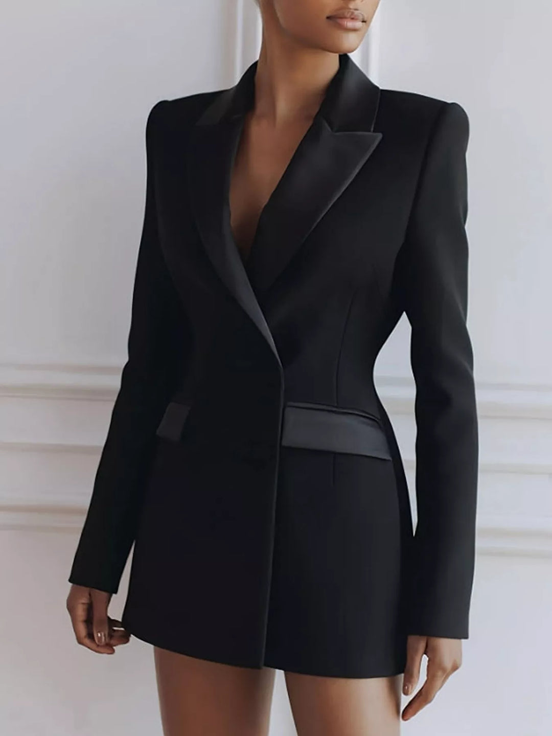 Black double breasted mini blazer dress, angled view with satin lapel