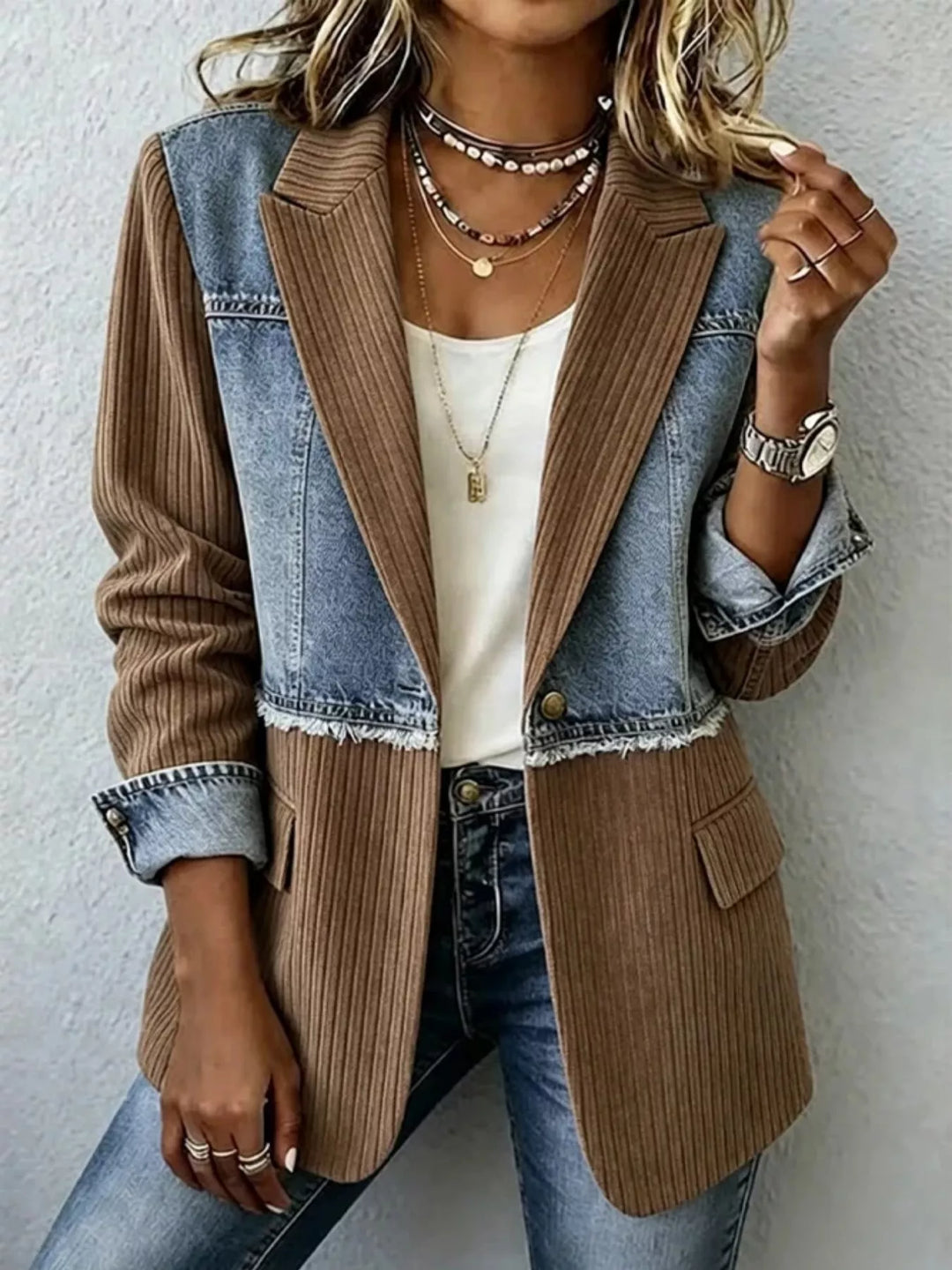 Brown blazer jacket with denim patchwork panels styled with layered necklaces