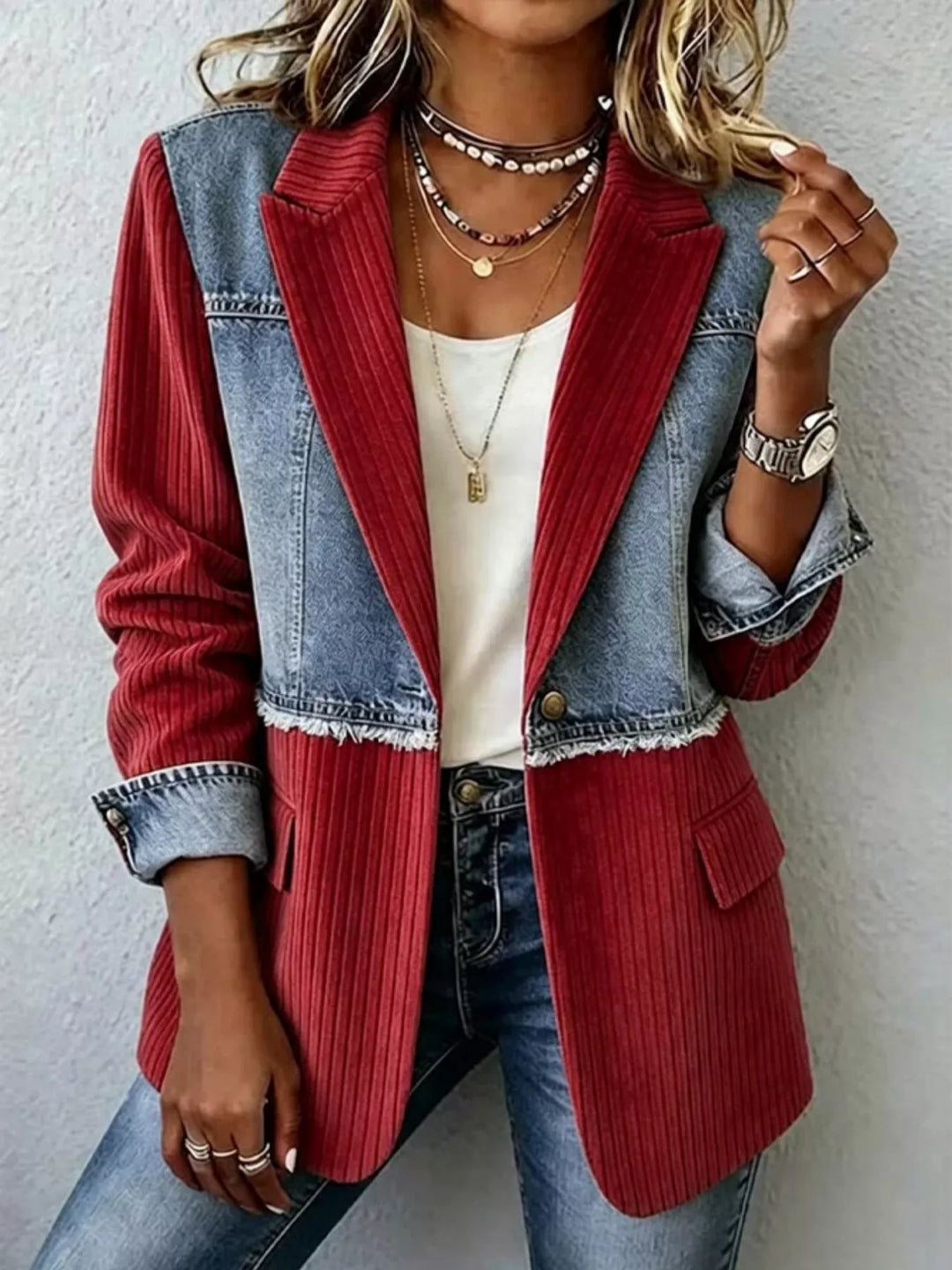 Burgundy blazer jacket with denim panels styled over a white tee