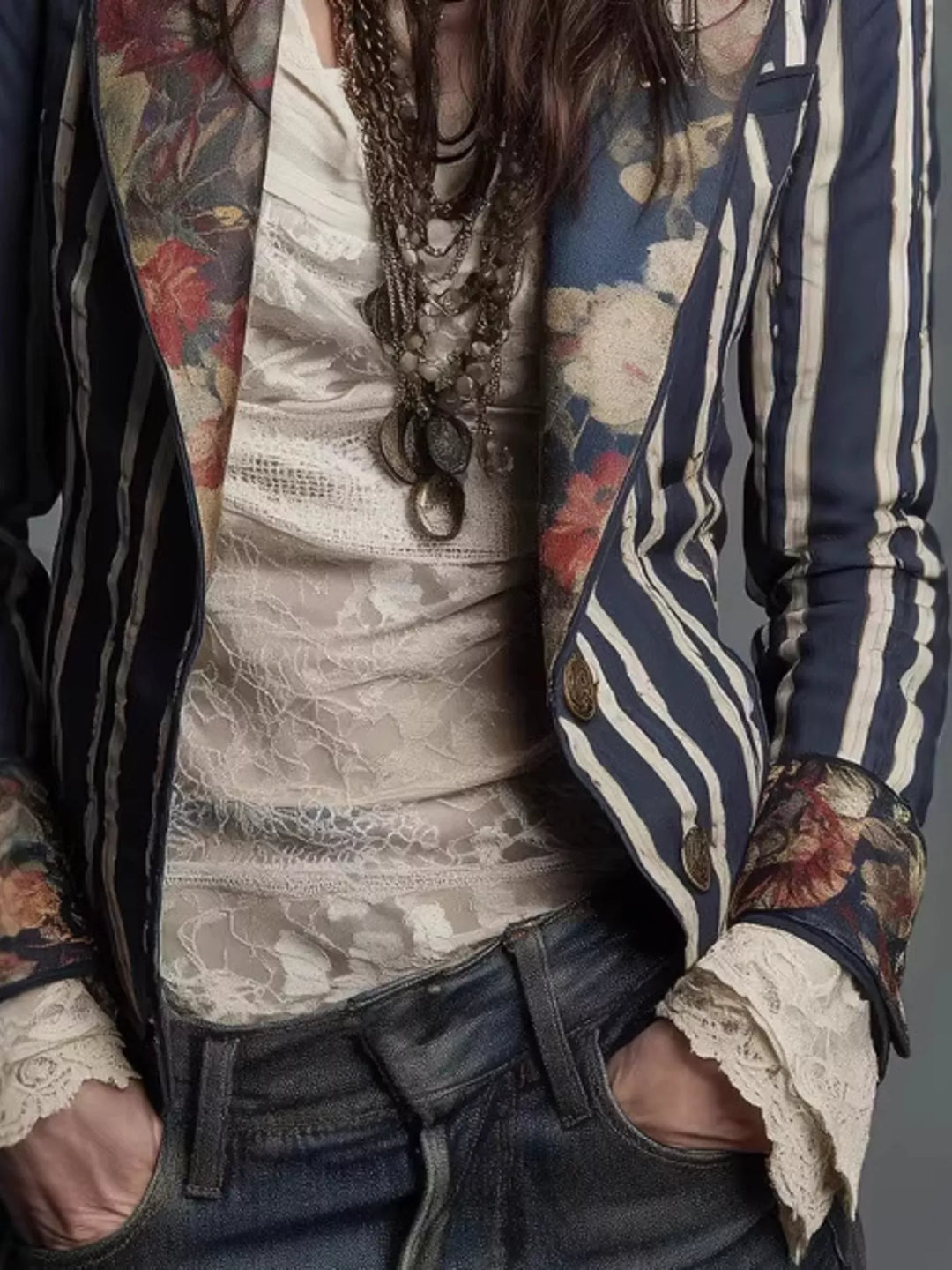 Close-up of the floral lapel and cuffs on the striped blazer