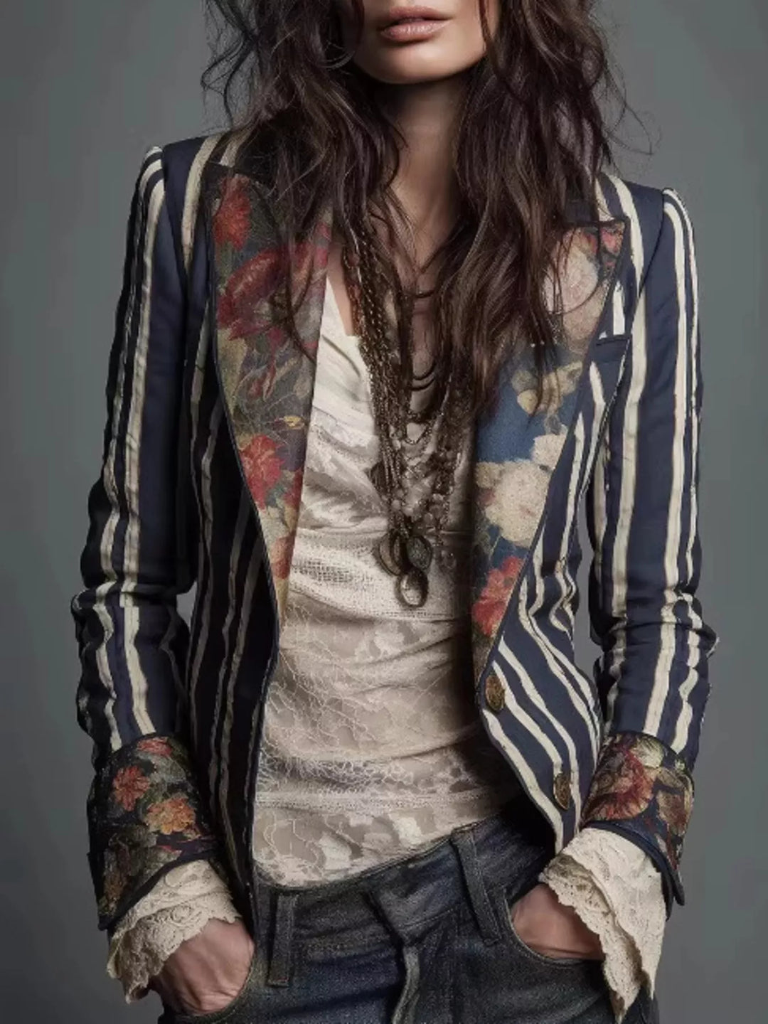 Women's blazer in navy stripe with slim fit and floral lapels