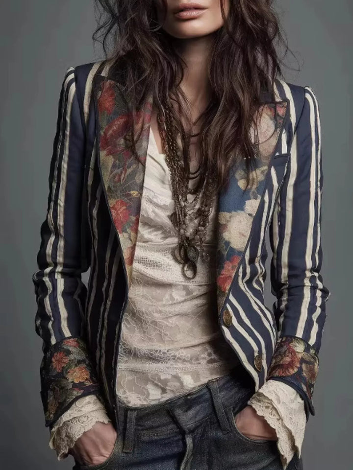Women's blazer in navy stripe with slim fit and floral lapels