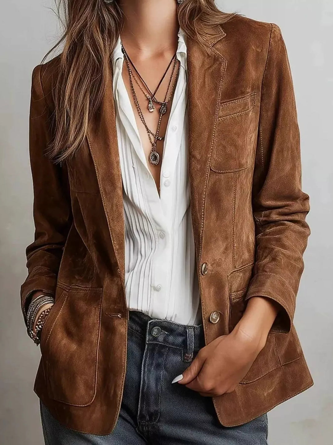 Women's cognac blazer with slim single breasted fit, worn over a white shirt and jeans