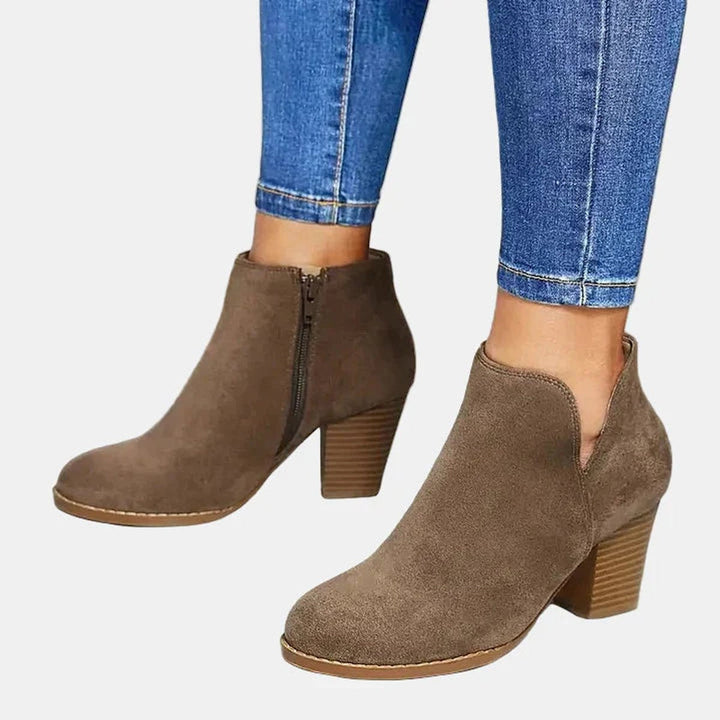 Women's block heel ankle boots in taupe, suede-look with V-cut and side zip