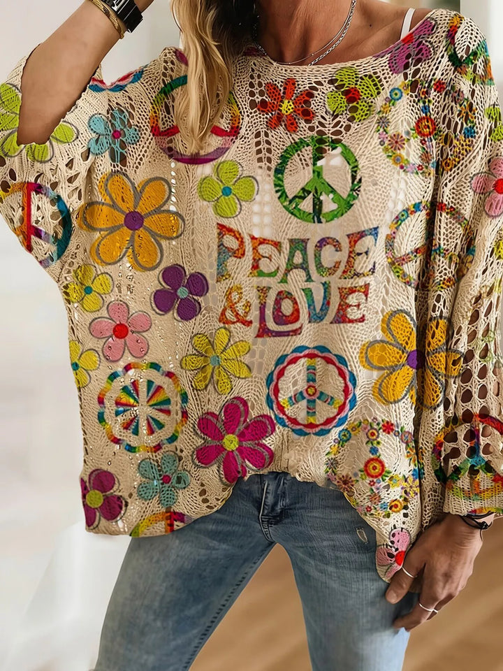 Women's boho top in multicolor, oversized crochet look with flower print