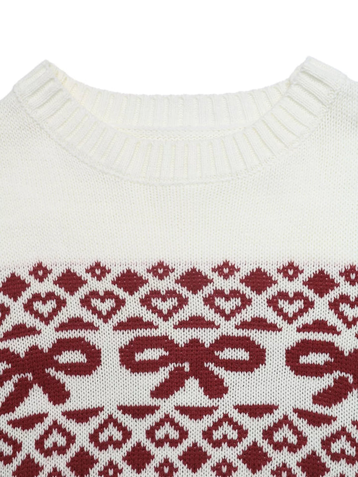 Close-up of the red bow and heart jacquard band at the crew neck
