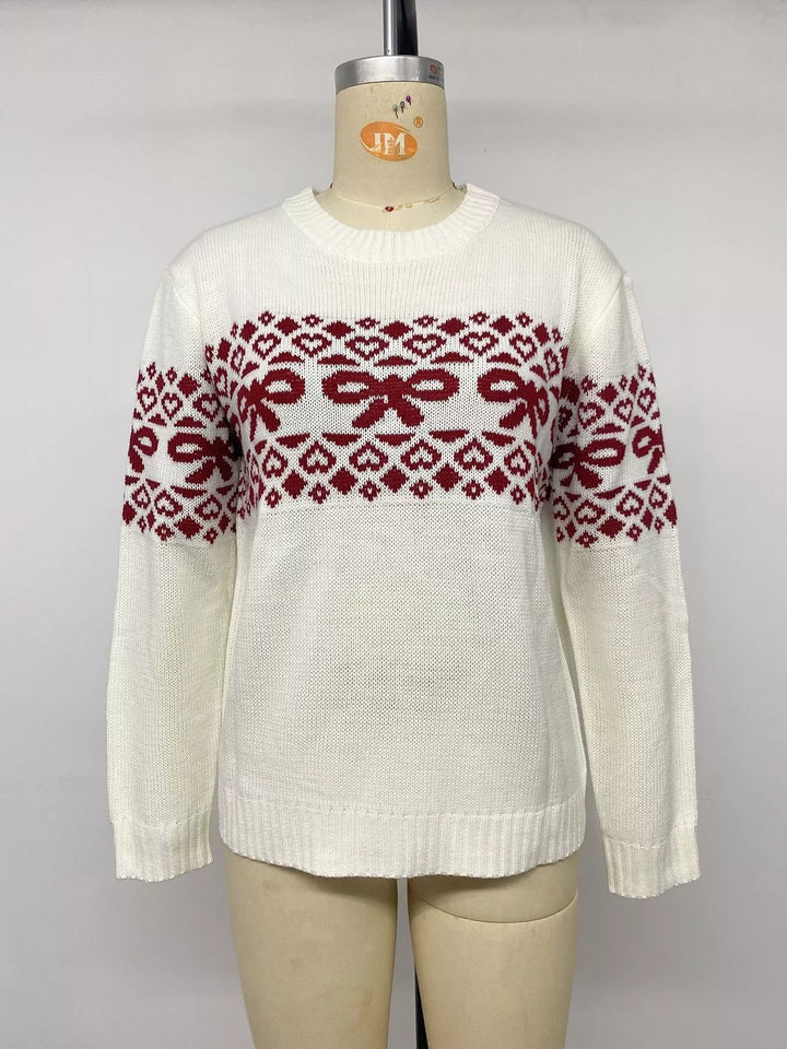 White bow sweater with heart band displayed on a mannequin, front view
