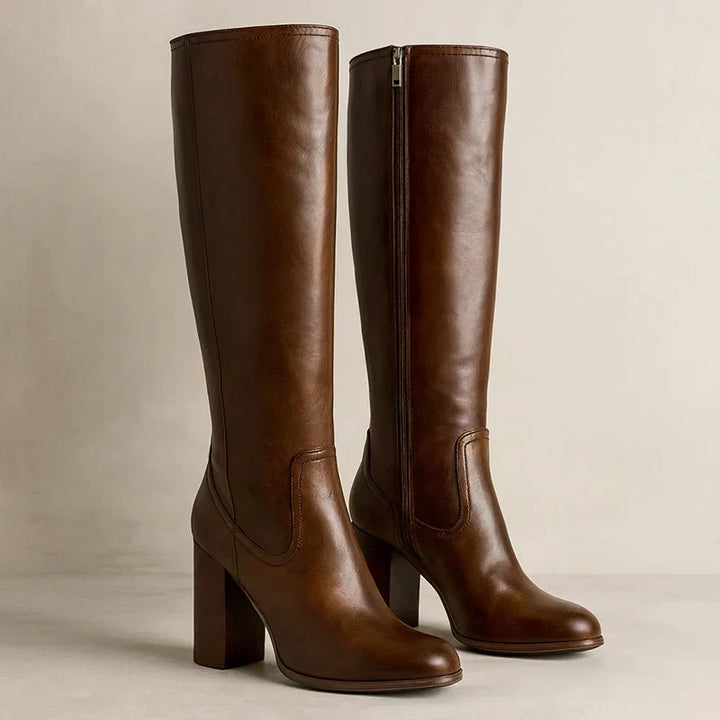 Women's brown knee high boots with stacked block heel, rounded toe and side zip