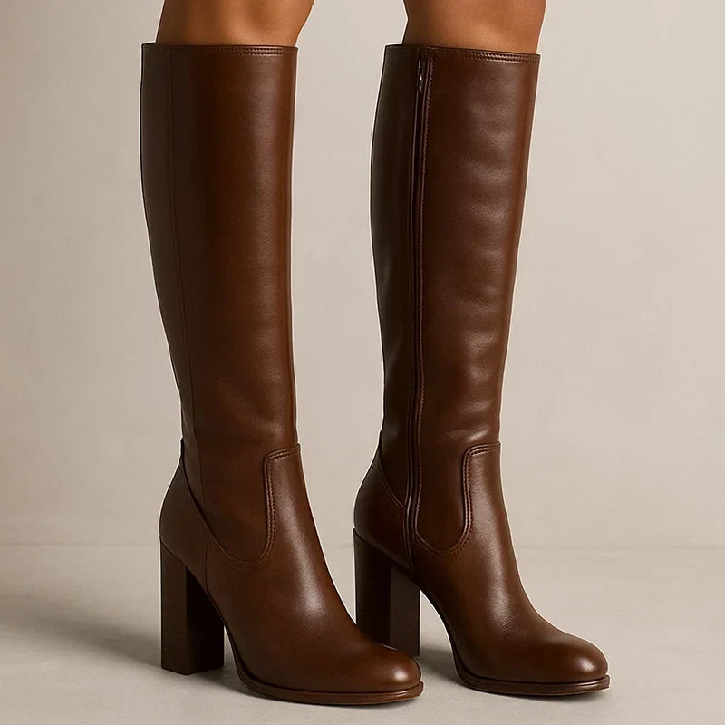 Brown knee high boots from the side showing the full-length inner zip