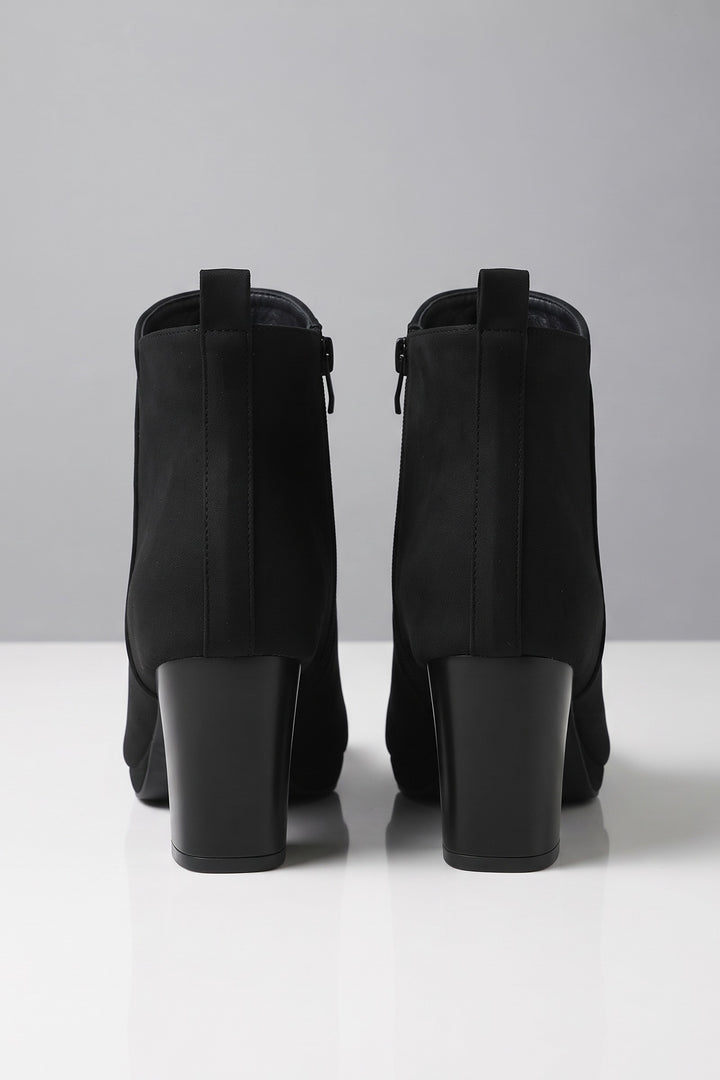 Women's Buckle Ankle Boots | Block Heel — Black — shoe_back — on model