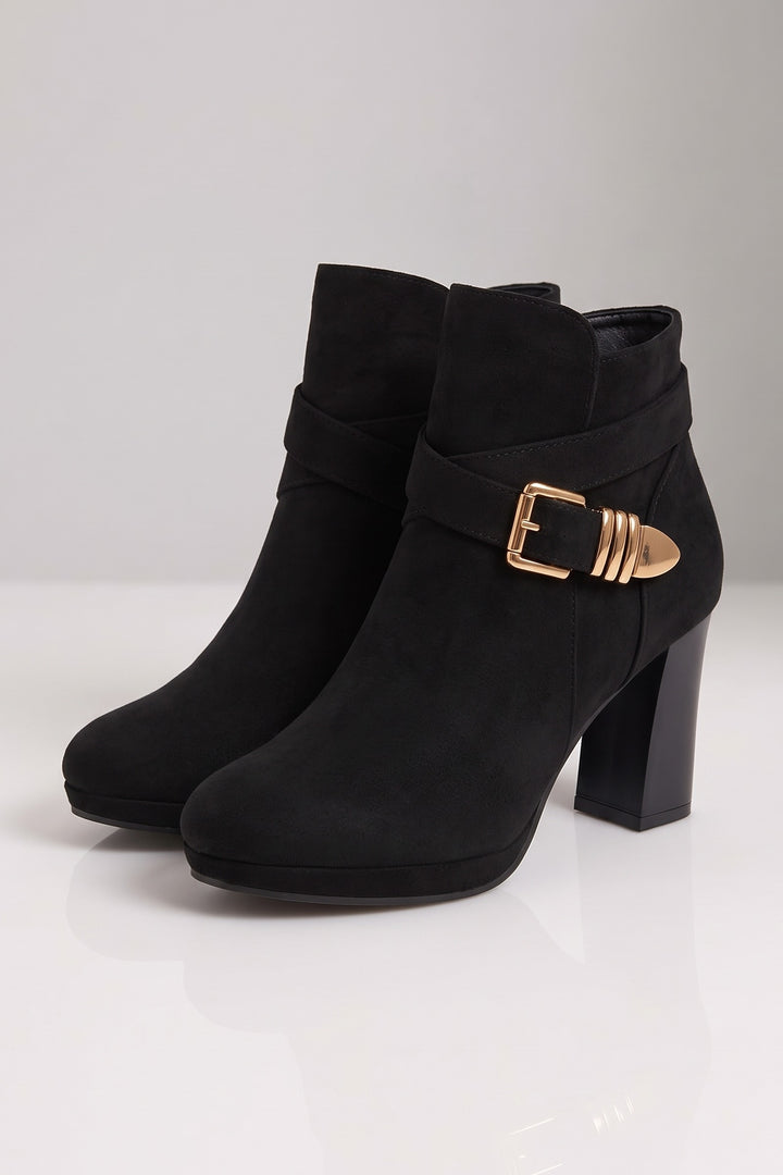 Women's Buckle Ankle Boots | Block Heel — Black — shoe_main — on model