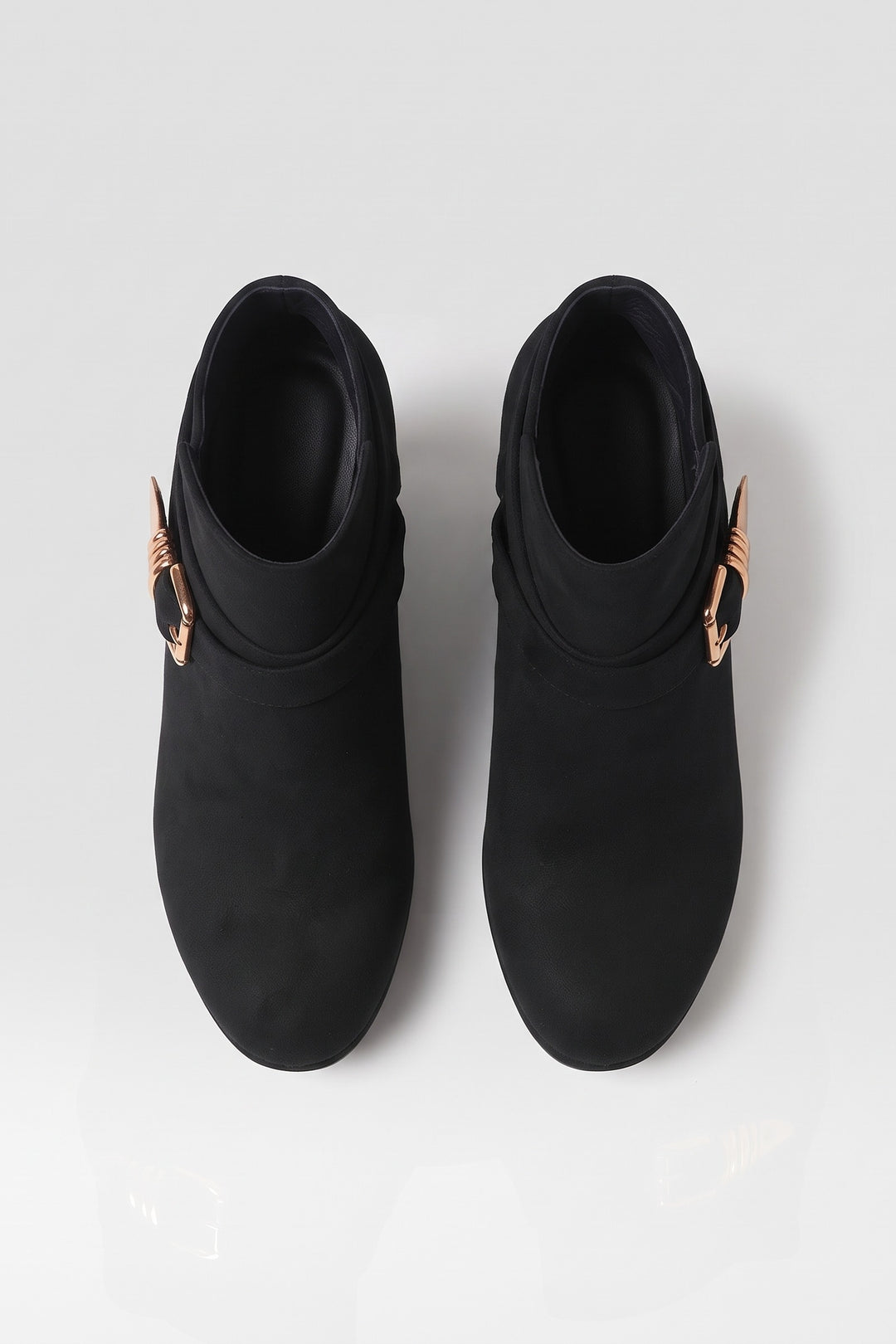 Women's Buckle Ankle Boots | Block Heel — Black — shoe_top — on model