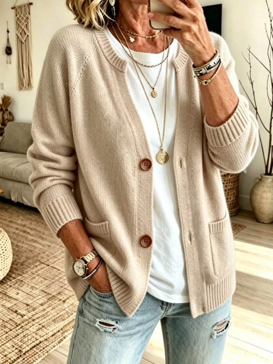 Beige crew neck raglan cardigan with patch pockets, front view