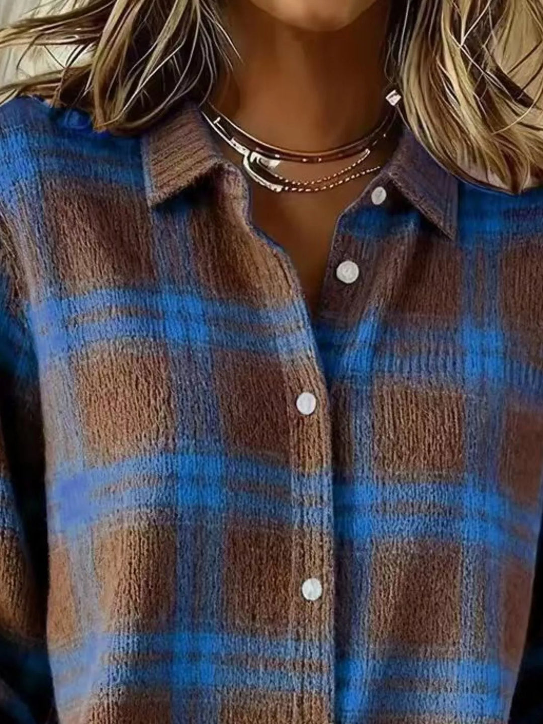 Close-up of the brown blue plaid cardigan point collar