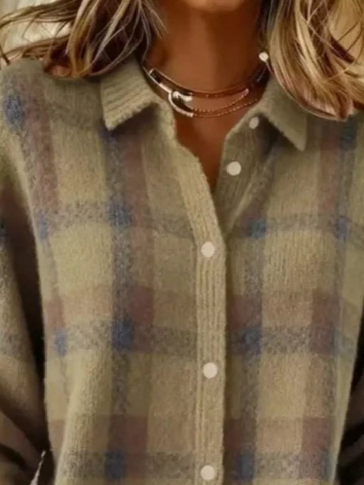 Close-up of the khaki plaid cardigan collar and fuzzy texture