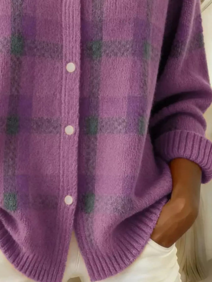 Detail of the orchid plaid cardigan buttons and ribbed cuff