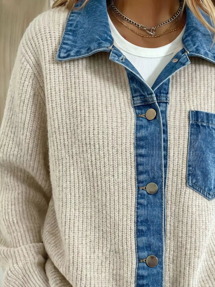 Close-up of the beige ribbed cardigan denim collar and chest pocket
