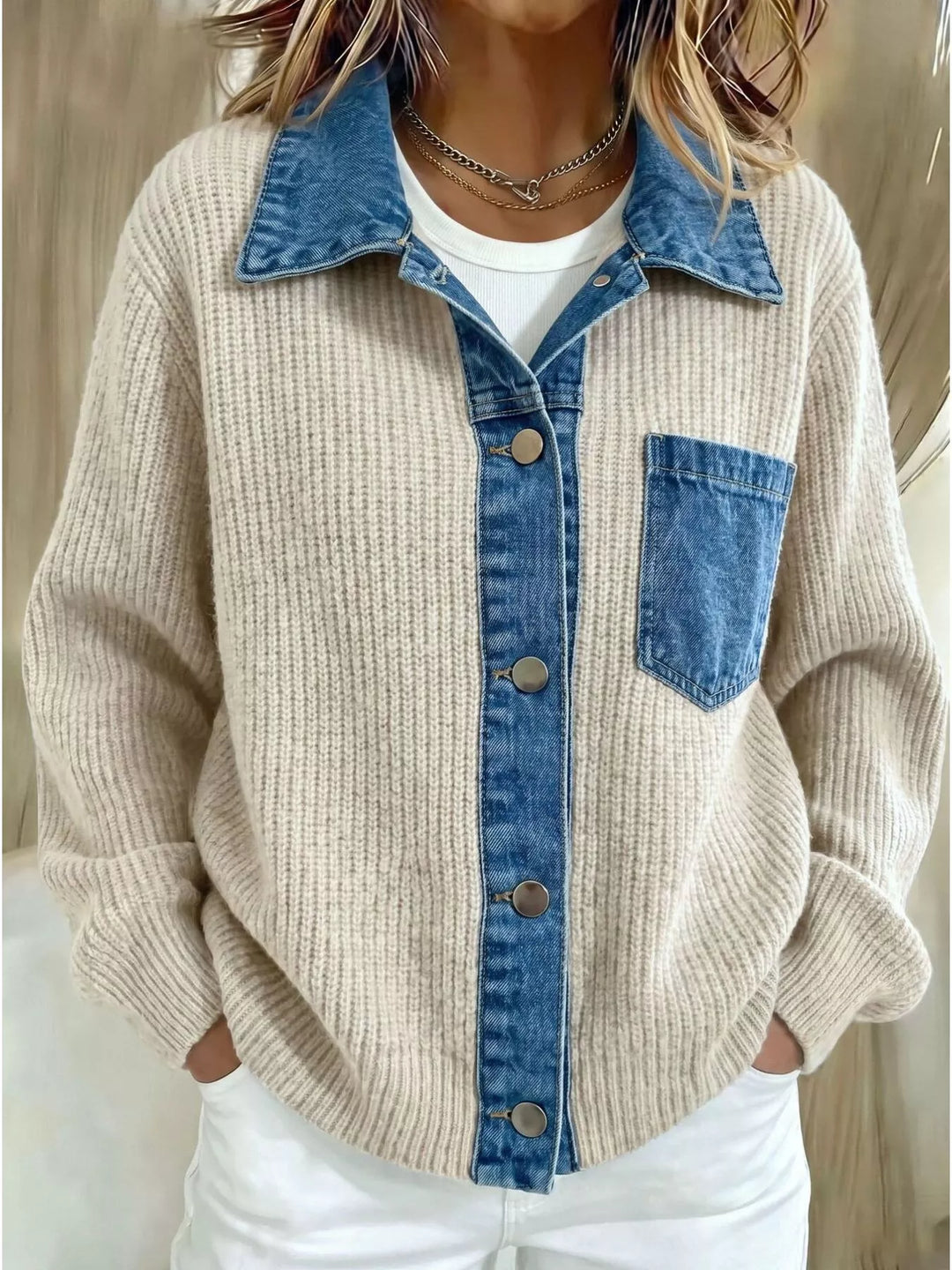 Women's button up cardigan in beige with ribbed knit and denim contrast collar