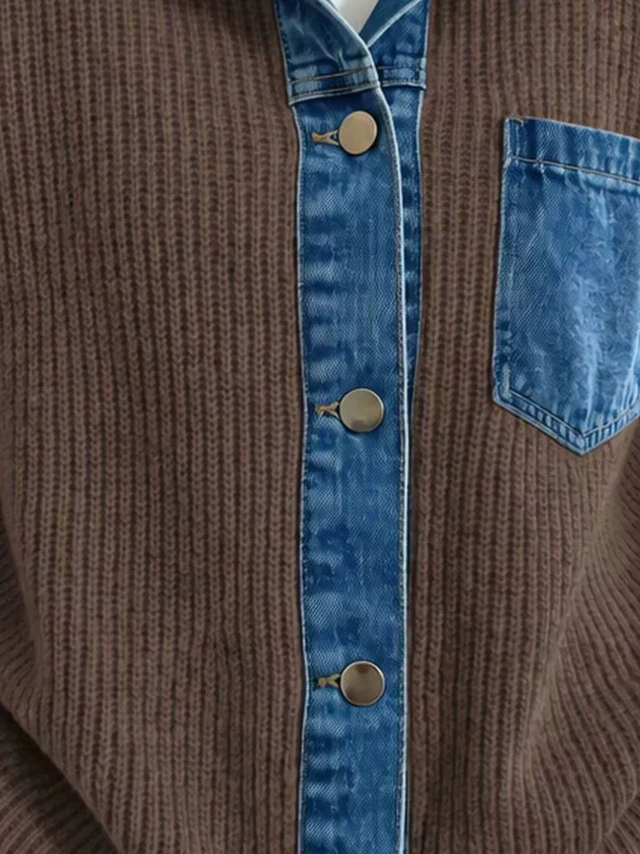 Detail of the brown cardigan denim placket and patch pocket