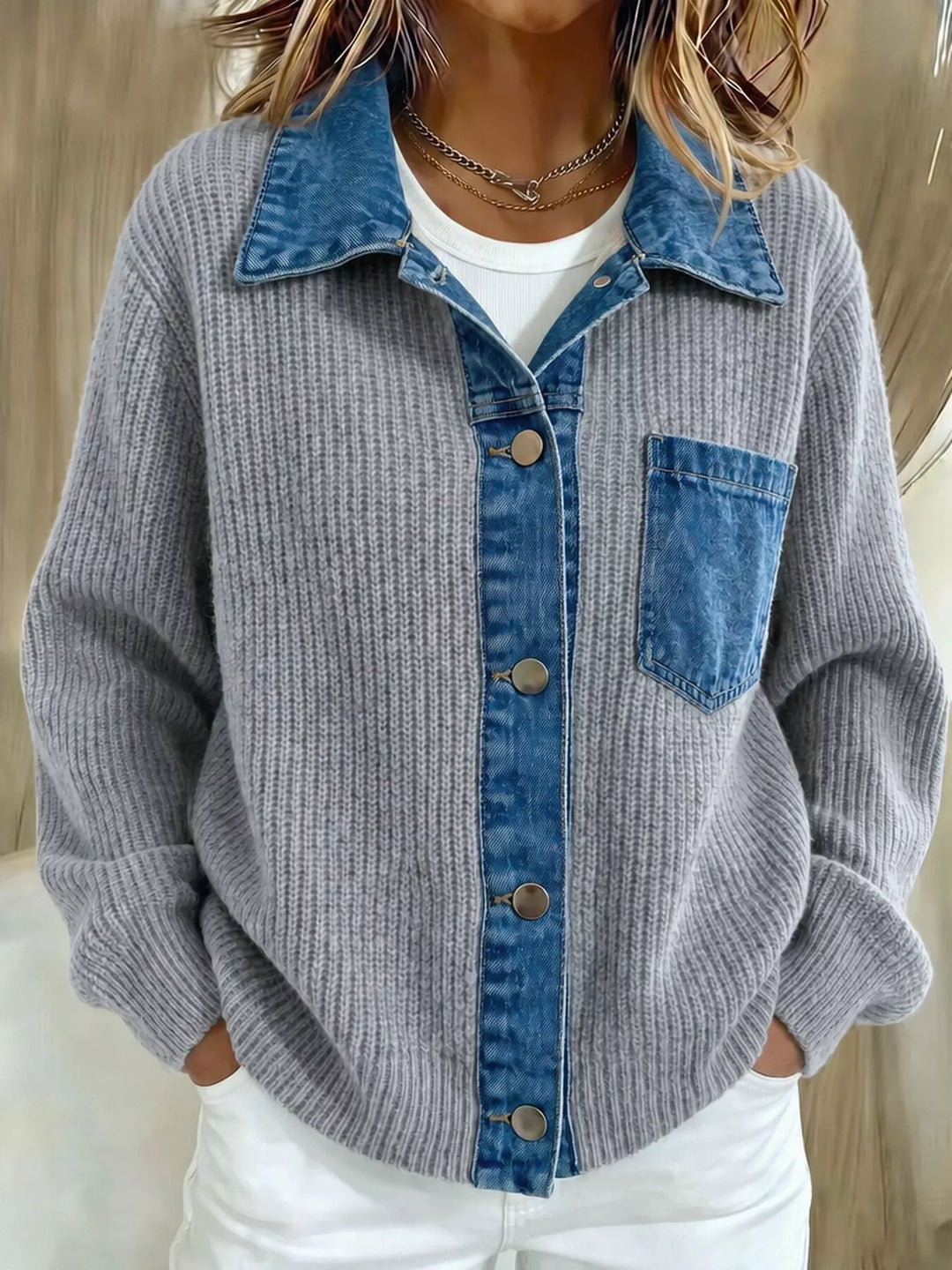 Gray ribbed knit cardigan with denim collar worn with white pants