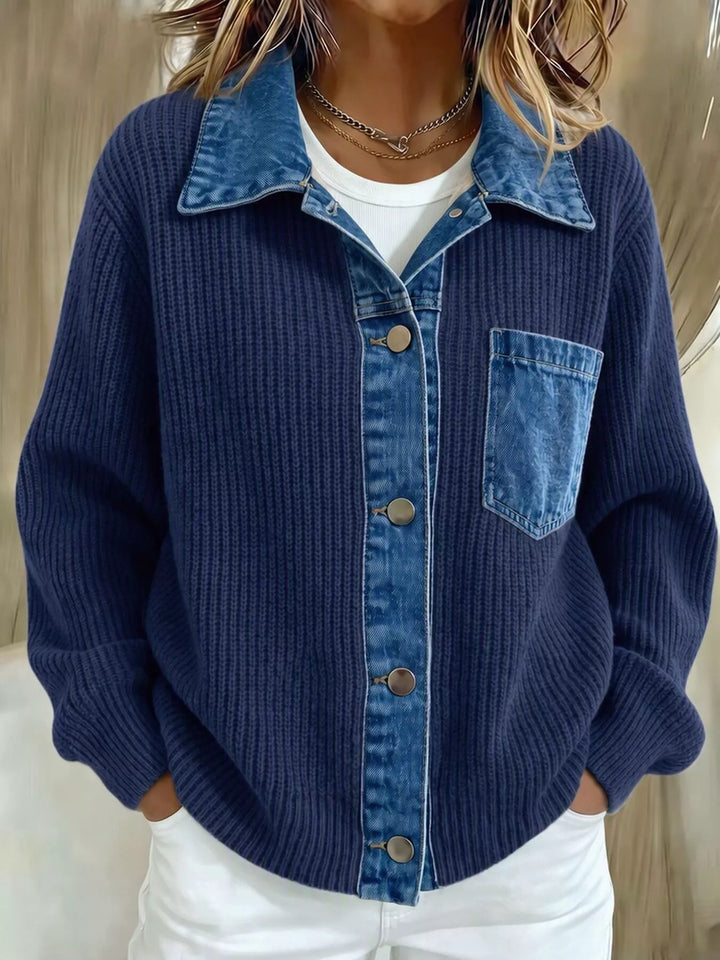 Navy ribbed button up cardigan with denim contrast collar, front view