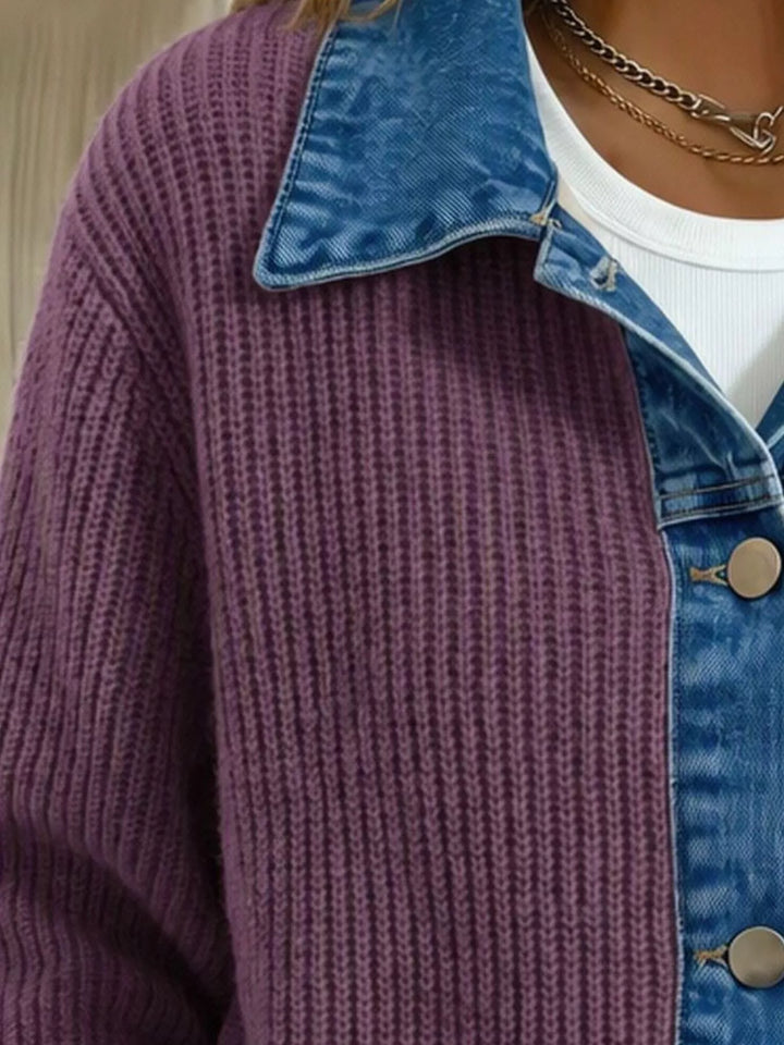 Close-up of the plum cardigan ribbed knit and denim collar