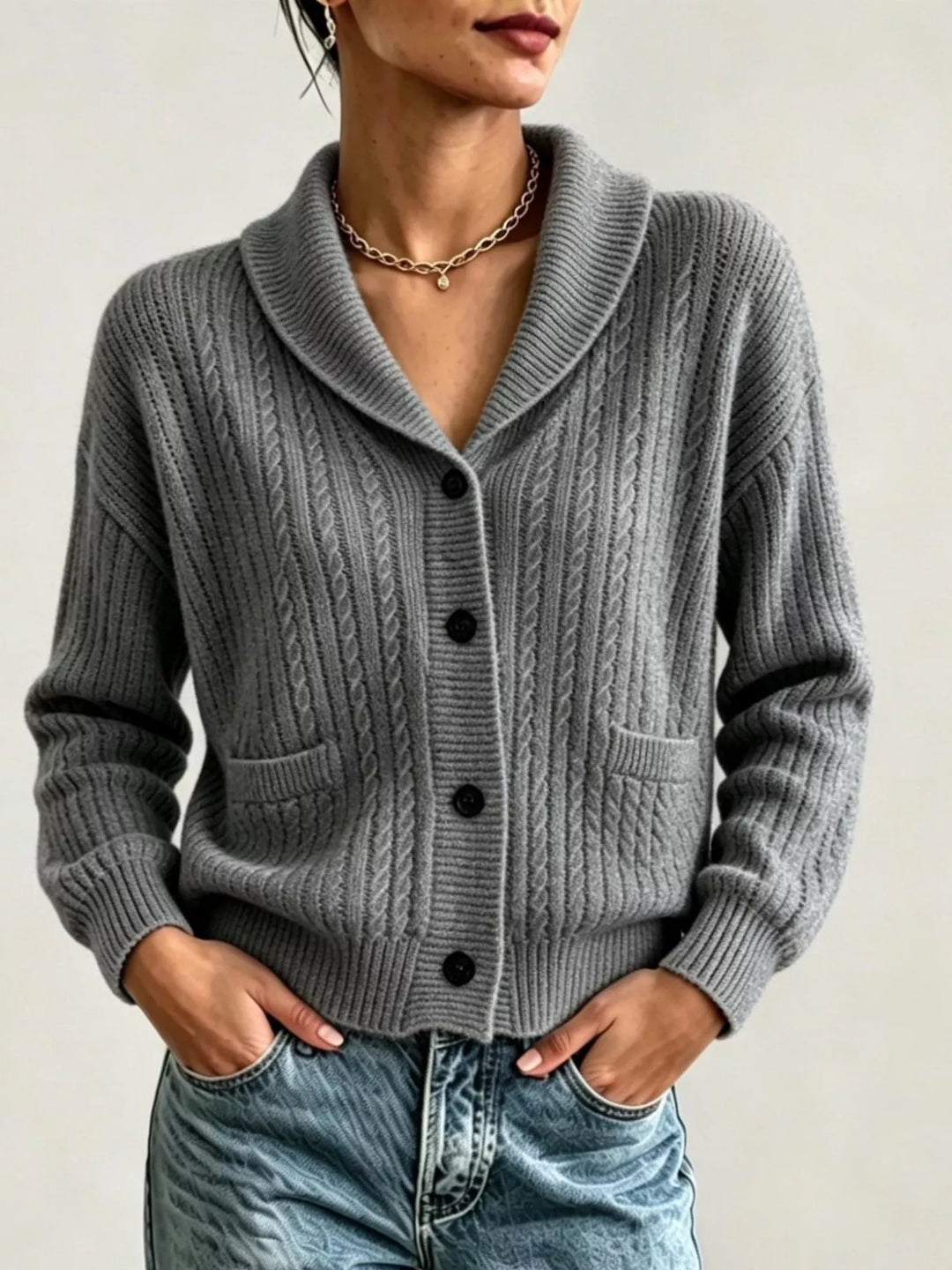 Charcoal button up cardigan with shawl collar, styled with light wash jeans