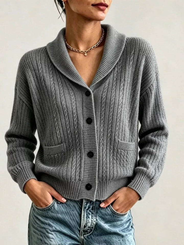 Charcoal button up cardigan with shawl collar, styled with light wash jeans